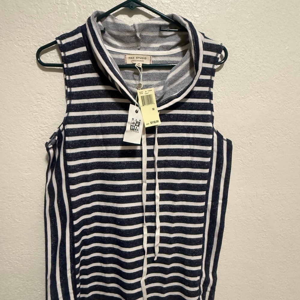 Max Studio Weekend Navy White Striped Cowl Neck Sleeveless Dress Medium 6904R58 - Picture 4 of 11